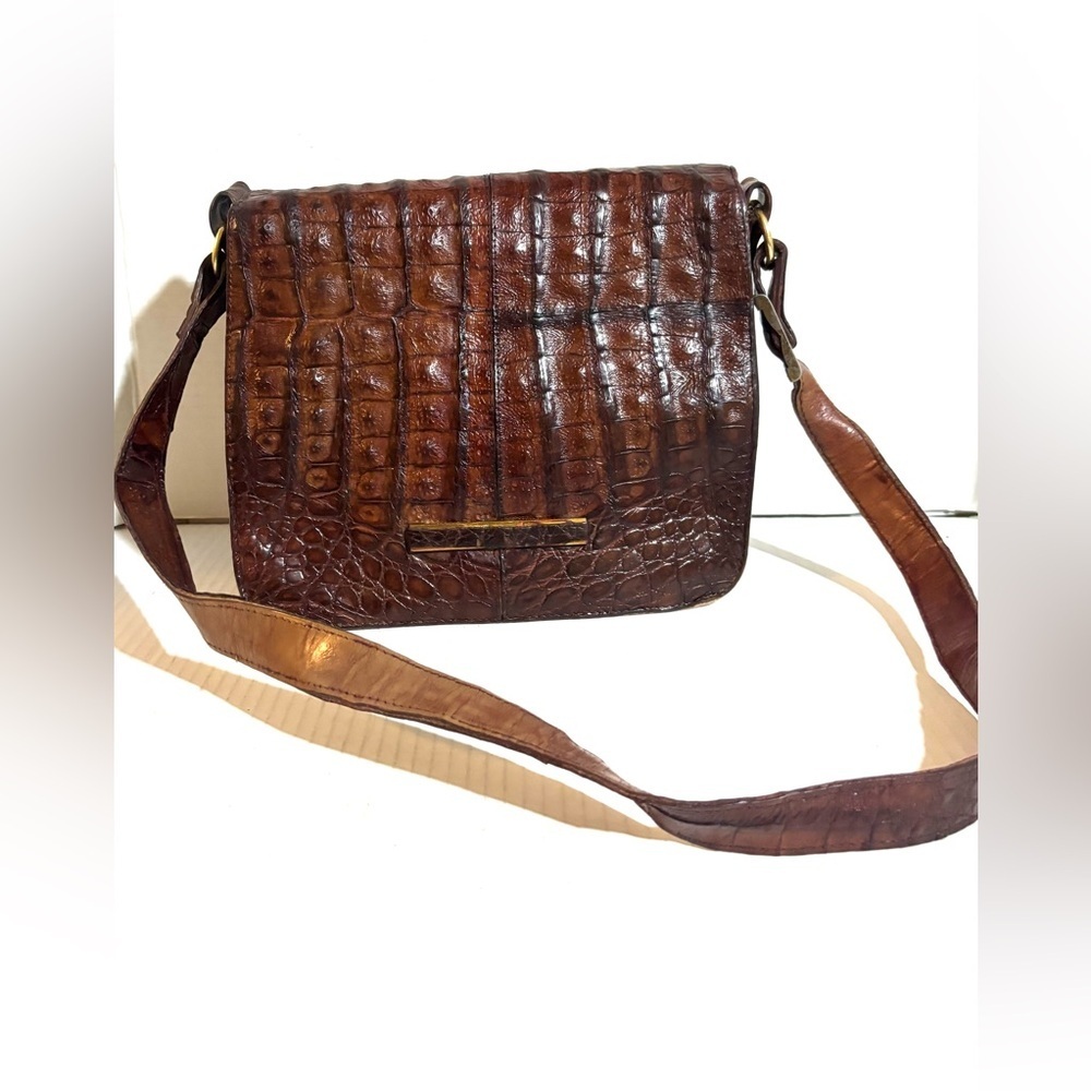 Vintage Brown crocodile Leather Crossbody with Gold Accent